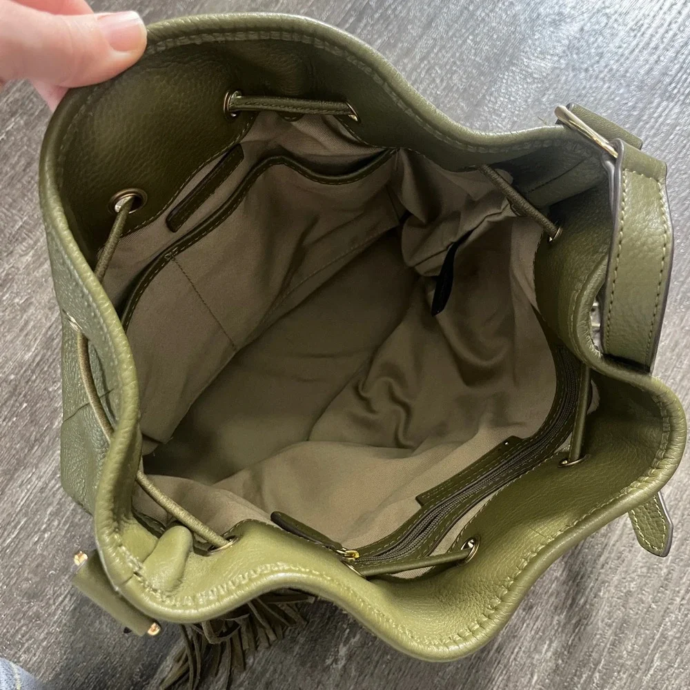 GILI Genuine Leather Olive Green Fringed Bucket Bag Crossbody Purse